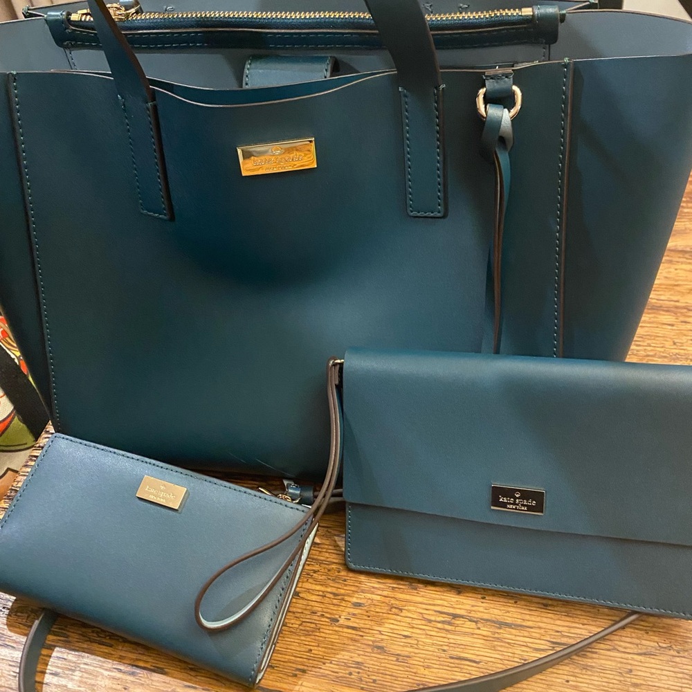 Kate Spade Teal Blue Tote bag, Clutch and Wristlet Set. 3 piece set.